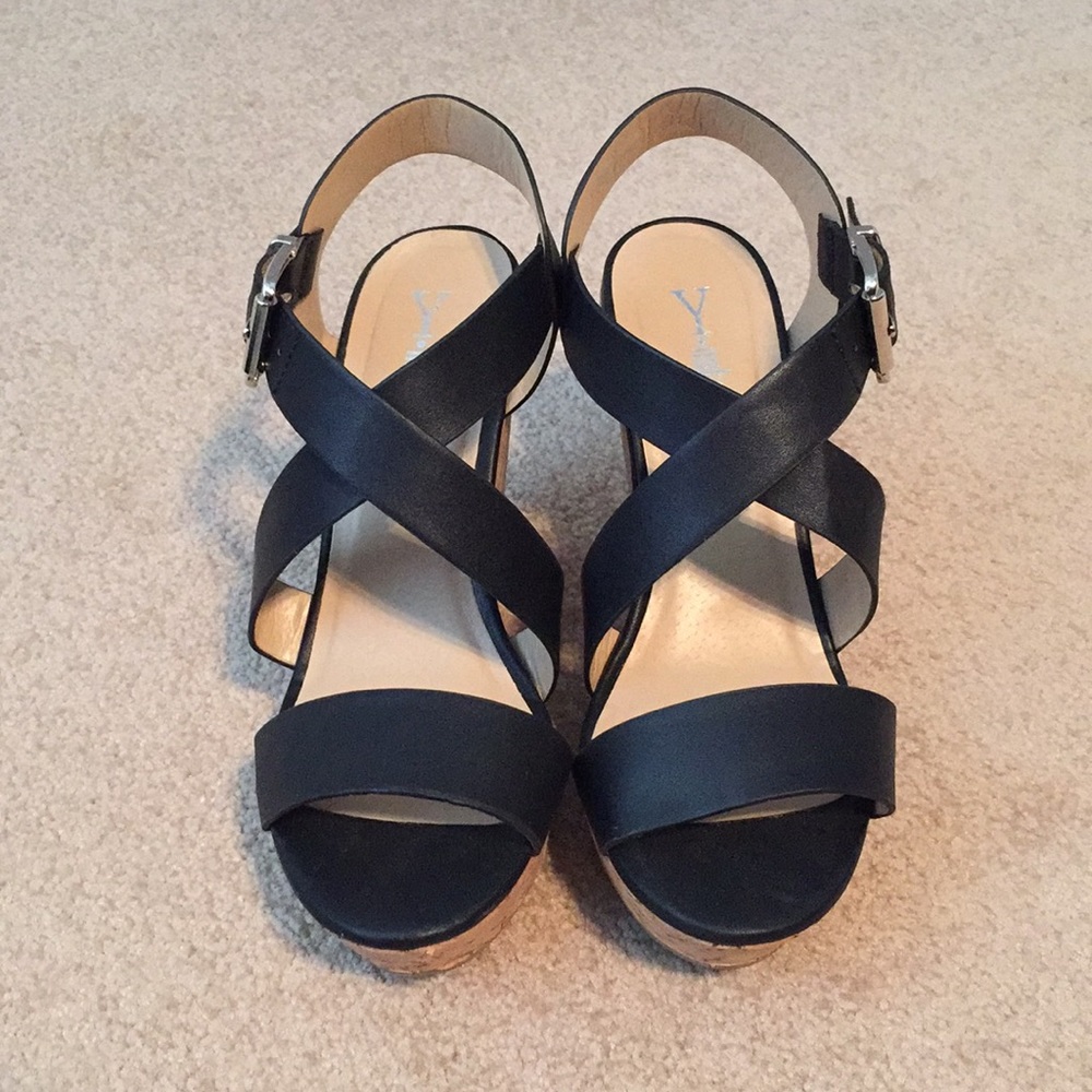 Wedge Black Leather Sandals- Like New